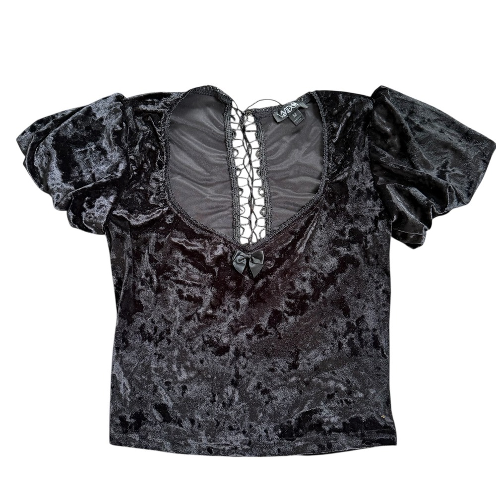 Dollskill Widow M Black velvet‎ capped sleeve cropped corset back emo goth top